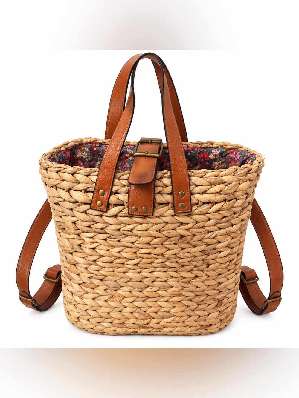 Natural Life Woven Straw Backpack Tote Floral Lining Brown Straps
